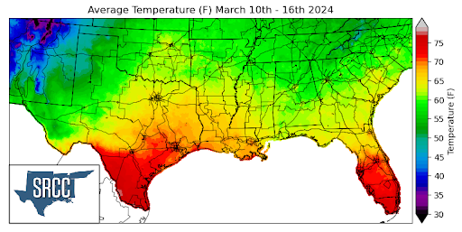 Graphic showing the average temperature across the Southern Region for March 10th - 16th