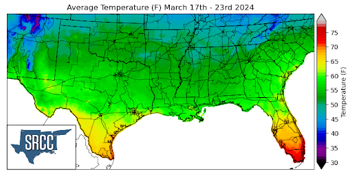 Graphic showing the average temperature across the Southern Region for March 17th - 23rd