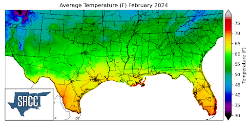 Graphic showing the average temperature across the Southern Region for February 25th - March 2nd