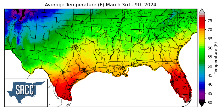 Graphic showing the average temperature across the Southern Region for March 3rd - 9th