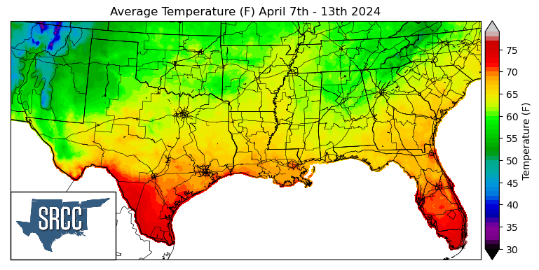 Graphic showing the average temperature across the Southern Region for April 7th - 13th