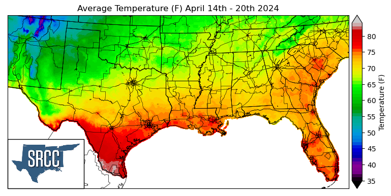 Graphic showing the average temperature across the Southern Region for April 14th - 20th