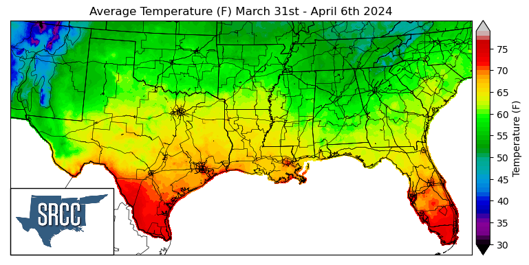Graphic showing the average temperature across the Southern Region for March 31st - April 6th