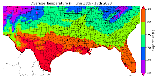 Graphic showing the average temperature across the Southern Region for June 11th - 17th