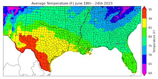 Graphic showing the average temperature across the Southern Region for June 18th - 24th