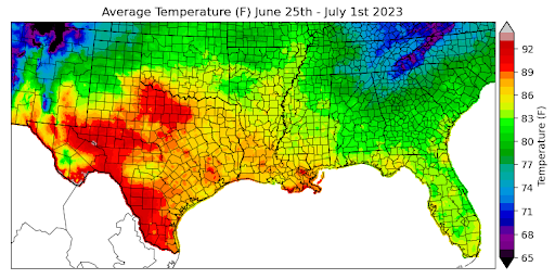 Graphic showing the average temperature across the Southern Region for June 25th - July 1st