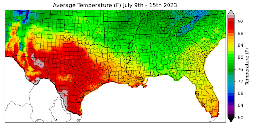 Graphic showing the average temperature across the Southern Region for July 9th - 15th