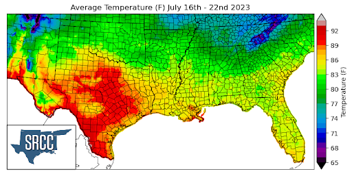 Graphic showing the average temperature across the Southern Region for July 16th - 22nd