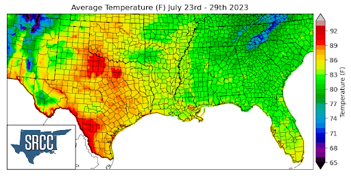 Graphic showing the average temperature across the Southern Region for July 23rd - 29th