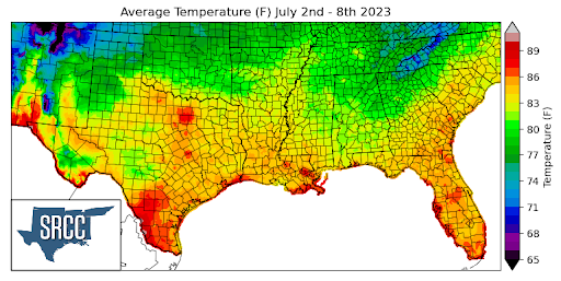 Graphic showing the average temperature across the Southern Region for July 2nd - 8th