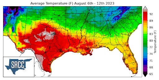 Graphic showing the average temperature across the Southern Region for August 6th - 12th
