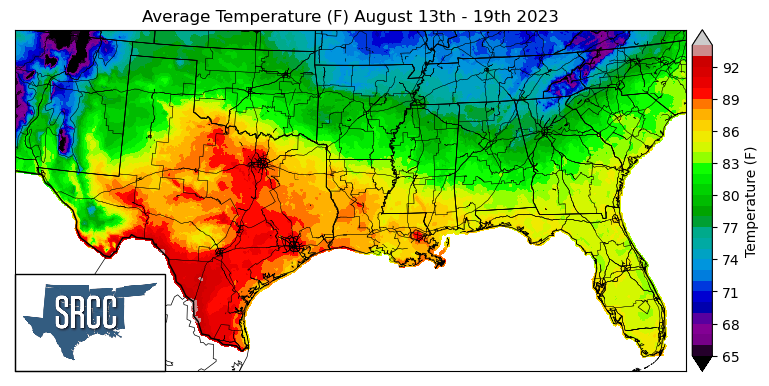Graphic showing the average temperature across the Southern Region for August 13th - 19th