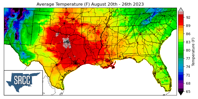 Graphic showing the average temperature across the Southern Region for August 20th - 26th