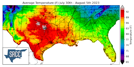 Graphic showing the average temperature across the Southern Region for July 30th - August 5th