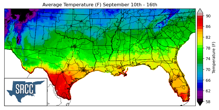 Graphic showing the average temperature across the Southern Region for September 10th - 16th