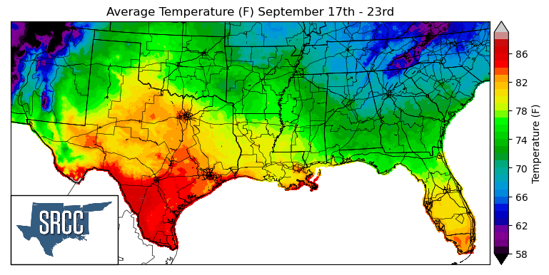 Graphic showing the average temperature across the Southern Region for September 17th - 23rd