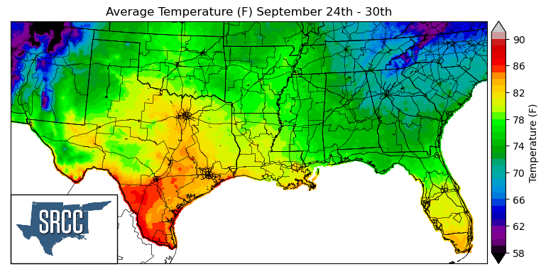 Graphic showing the average temperature across the Southern Region for September 24th - 30th