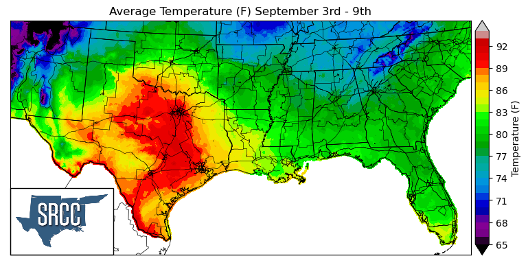 Graphic showing the average temperature across the Southern Region for September 3rd - 9th