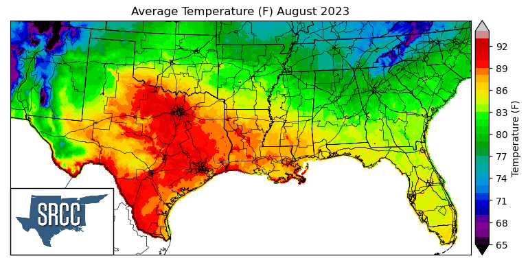 Graphic showing the average temperature across the Southern Region for August