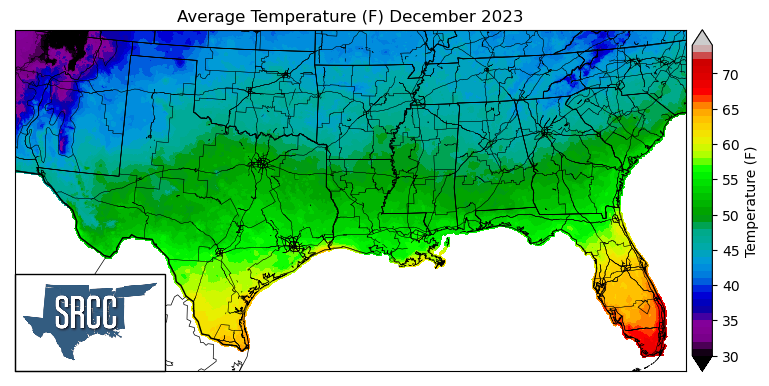 Graphic showing the average temperature across the Southern Region for December