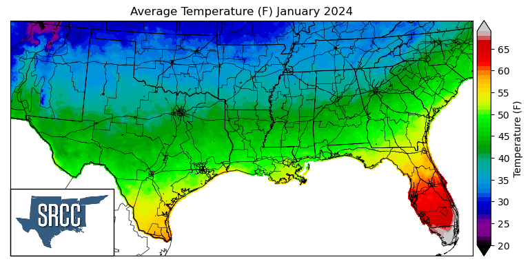 Graphic showing the average temperature across the Southern Region for January