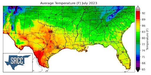 Graphic showing the average temperature across the Southern Region for July