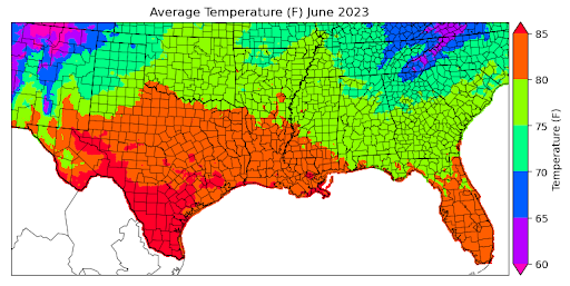 Graphic showing the average temperature across the Southern Region for June