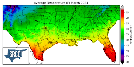 Graphic showing the average temperature across the Southern Region for March