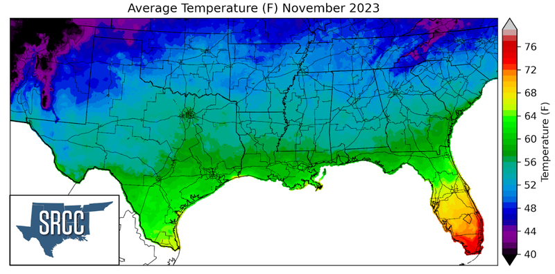 Graphic showing the average temperature across the Southern Region for November