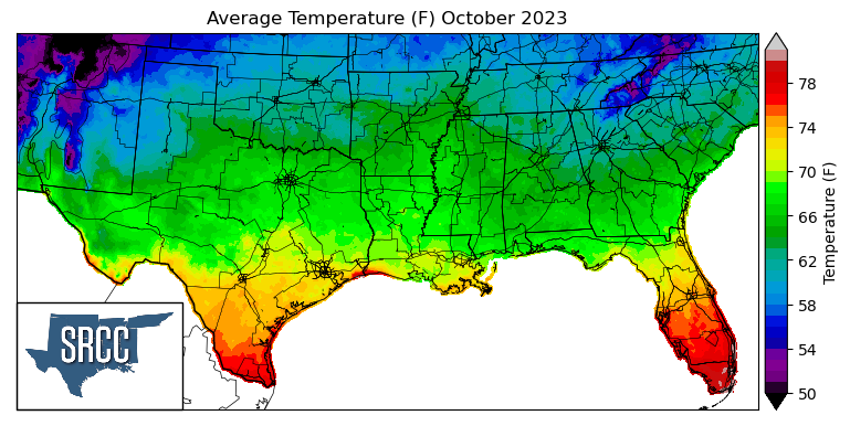 Graphic showing the average temperature across the Southern Region for October