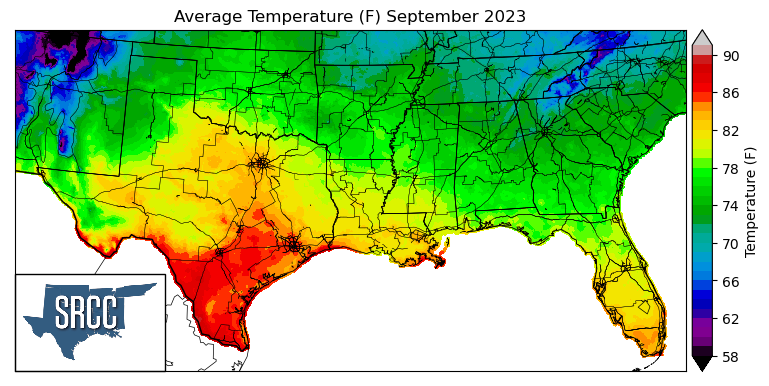 Graphic showing the average temperature across the Southern Region for September