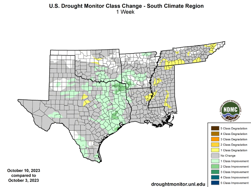 U.S Drought Monitor Class Change Map for Southern Climate Region, Valid October 10th