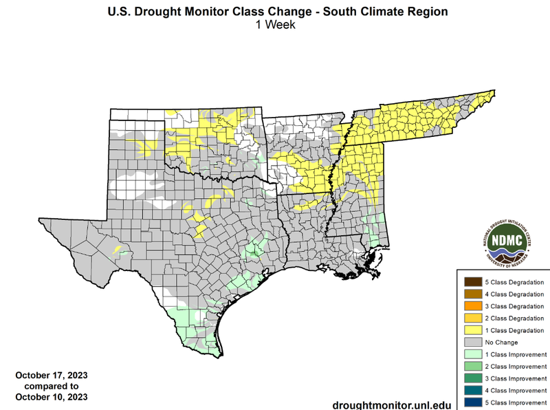 U.S Drought Monitor Class Change Map for Southern Climate Region, Valid October 17th
