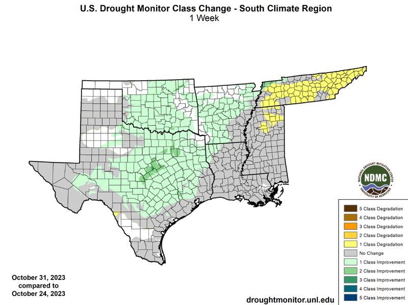 U.S Drought Monitor Class Change Map for Southern Climate Region, Valid October 31st