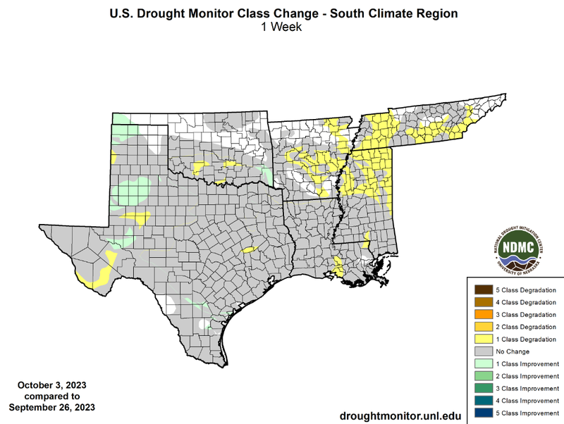 U.S Drought Monitor Class Change Map for Southern Climate Region, Valid October 3rd
