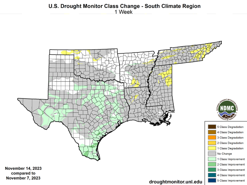 U.S Drought Monitor Class Change Map for Southern Climate Region, Valid November 14th