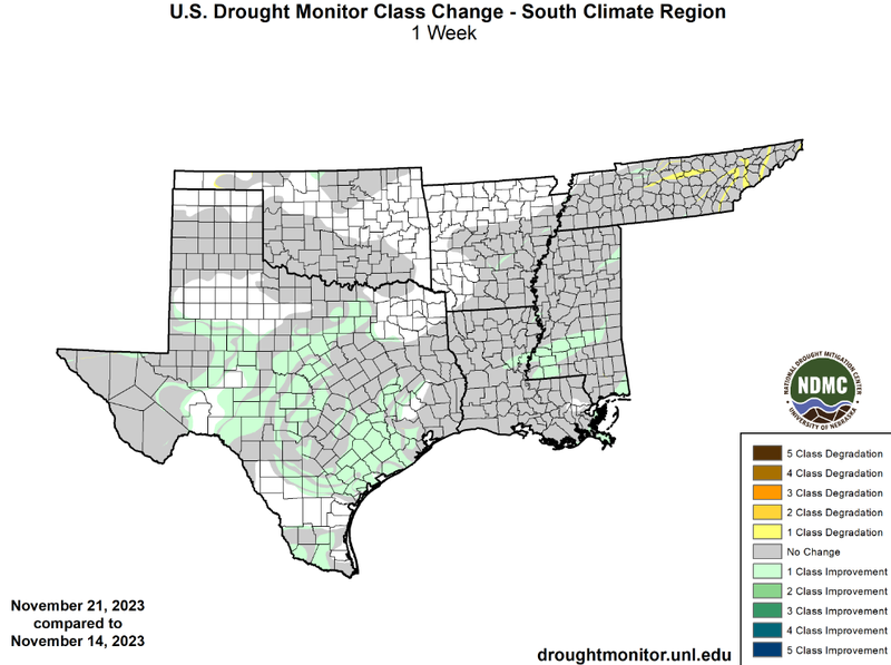 U.S Drought Monitor Class Change Map for Southern Climate Region, Valid November 21st