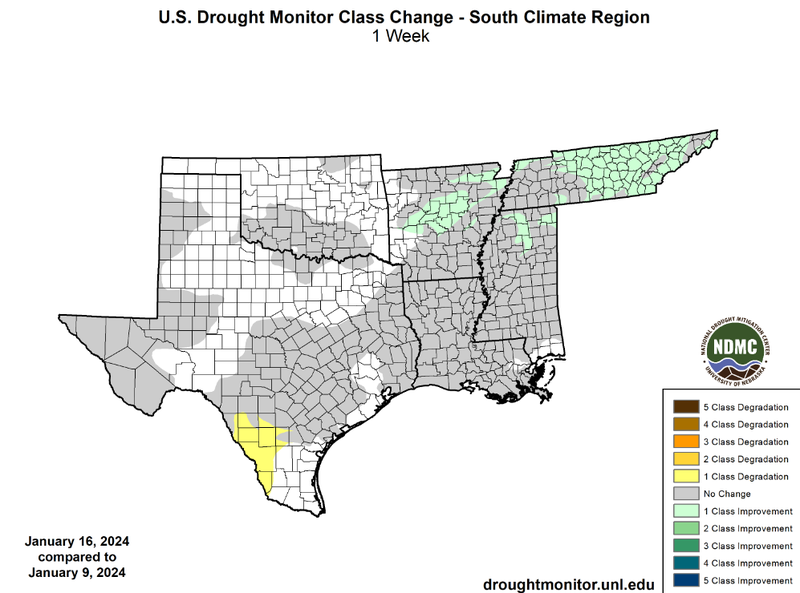 U.S Drought Monitor Class Change Map for Southern Climate Region, Valid January 16th