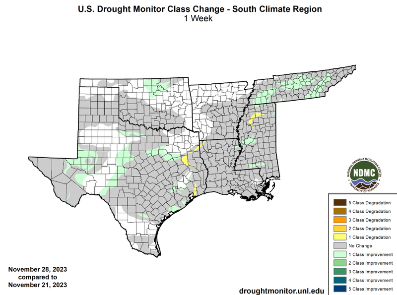 U.S Drought Monitor Class Change Map for Southern Climate Region, Valid November 28th
