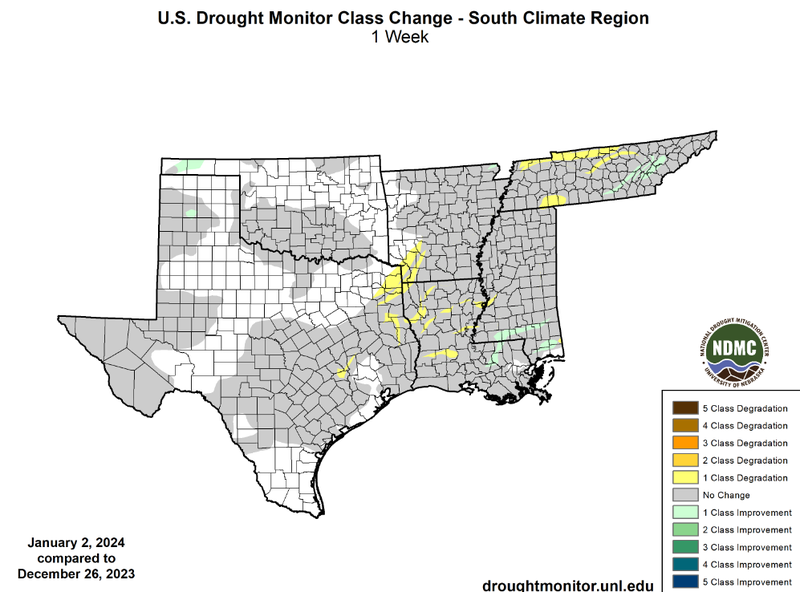 U.S Drought Monitor Class Change Map for Southern Climate Region, Valid January 2nd