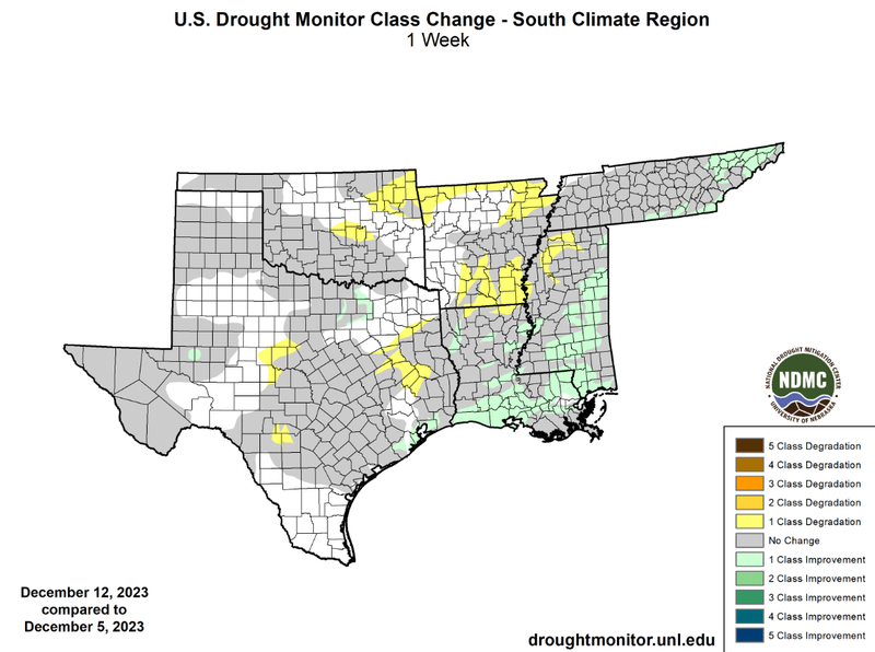 U.S Drought Monitor Class Change Map for Southern Climate Region, Valid December 12th