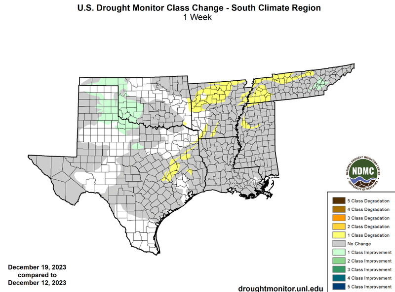 U.S Drought Monitor Class Change Map for Southern Climate Region, Valid December 19th