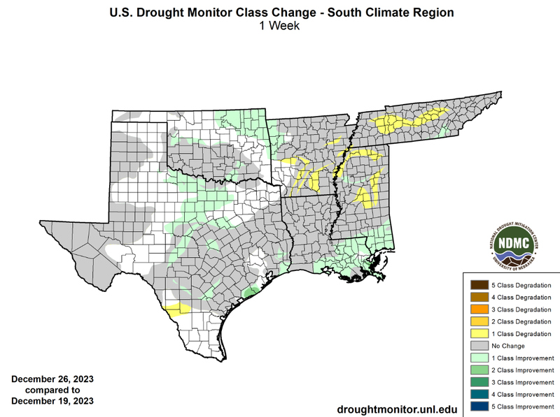 U.S Drought Monitor Class Change Map for Southern Climate Region, Valid December 26th