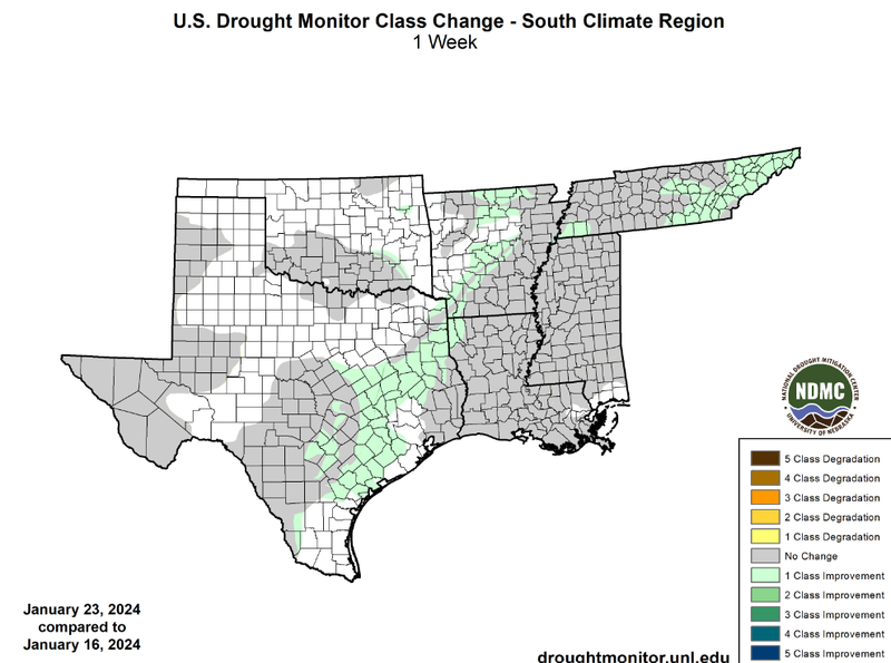 U.S Drought Monitor Class Change Map for Southern Climate Region, Valid January 23rd