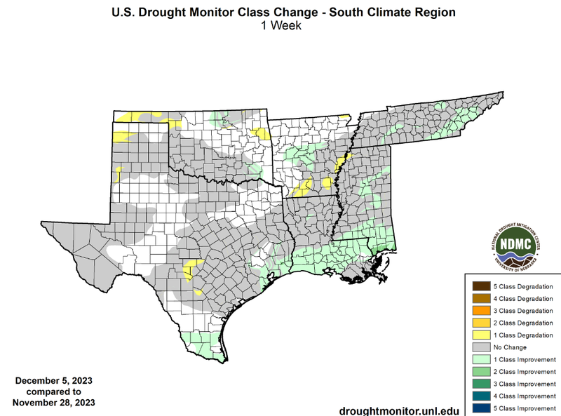 U.S Drought Monitor Class Change Map for Southern Climate Region, Valid December 5th