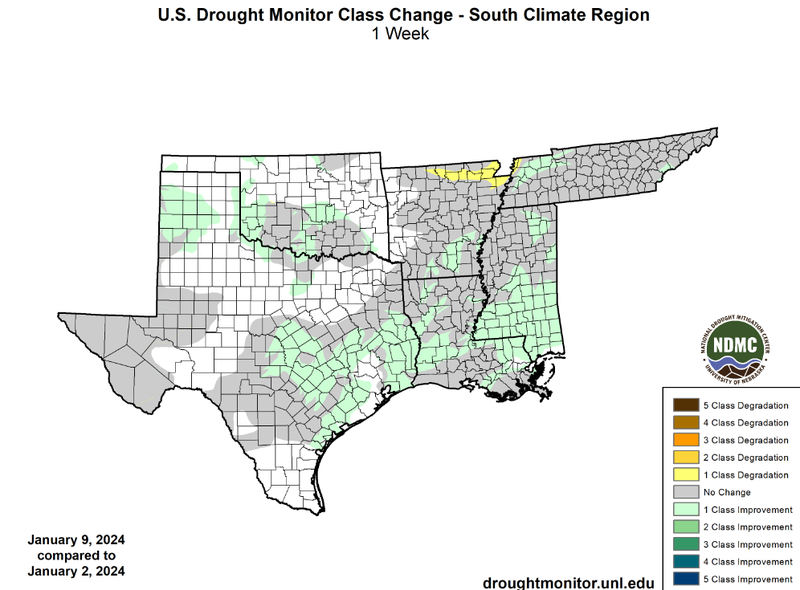 U.S Drought Monitor Class Change Map for Southern Climate Region, Valid January 9th
