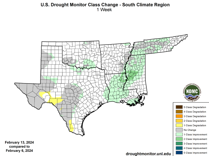 U.S Drought Monitor Class Change Map for Southern Climate Region, Valid February 13th