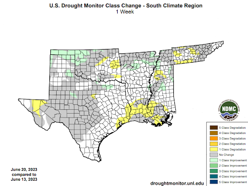 U.S Drought Monitor Class Change Map for Southern Climate Region, Valid June 20th
