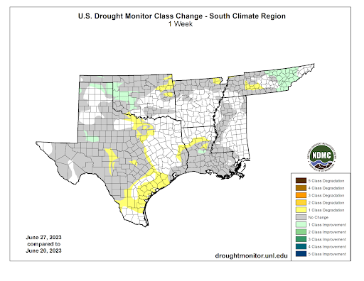 U.S Drought Monitor Class Change Map for Southern Climate Region, Valid June 27th