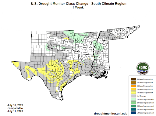 U.S Drought Monitor Class Change Map for Southern Climate Region, Valid July 18th
